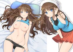 bangs bed_sheet between_legs black_panties blue_eyes blue_shirt breasts brown_hair cleavage closed_mouth collarbone earrings eyebrows_visible_through_hair female floating_hair from_above green_(pokemon) groin hair_between_eyes hand_between_legs hand_in_hair hat jewelry large_breasts leaf_(pokemon) leaning_forward lifted_by_self long_hair looking_at_viewer lying miniskirt mokorei nipples on_back panties panty_pull pleated_skirt pokemon pokemon_(manga) pokemon_adventures pokemon_frlg pokemon_rgby pulled_by_self red_skirt shiny shiny_hair shirt shirt_lift skirt sleeveless sleeveless_shirt underwear very_long_hair white_headwear