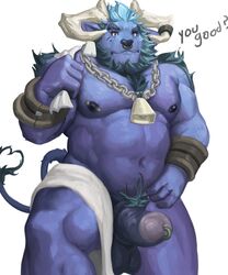 absurd_res alistar anthro armor balls black_nipples blue_body blue_fur bovid bovine bracers cattle chest_tuft crotch_tuft english_text front_view fur genital_piercing genitals hi_res humanoid_genitalia humanoid_penis league_of_legends male male_only mammal mane musclegut nipple_barbell nipples pecs penis penis_piercing piercing portrait prince_albert_piercing riot_games simple_background solo solo_male text thick_penis three-quarter_portrait towel towel_around_neck tuft video_games vincethetiger white_background