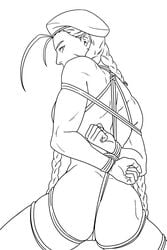 1girls arms_tied arms_tied_behind_back ass back_view beret big_ass bondage bound_wrists braid breasts cammy_white capcom clenched_fist cowboy_shot efd facial_scar female female_only hat human line_art long_hair long_twintails looking_at_viewer looking_back monochrome nude partially_visible_vulva rope rope_bondage scar shibari sideboob signature simple_background solo street_fighter twin_braids twintails very_long_hair white_background