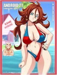 1boy 1girls alternate_breast_size android_21 android_21_(human) artist_name beach belly belly_button big_breasts bikini black_nails blue_eyes border breasts cameltoe character_name cleavage cleft_of_venus curly_hair curvaceous curvy curvy_figure dragon_ball dragon_ball_fighterz dragon_ball_super dragon_ball_z earrings erect_nipples erect_nipples_under_clothes female_focus groin hand_on_hip hi_res high_resolution highleg highleg_bikini highleg_swimsuit highres hoop_earrings huge_breasts kame_house krillin kuririn labia large_breasts light-skinned_female light_skin linea_alba navel navel_line nipple_bulge nipples nipples_visible_through_clothing partially_visible_vulva patreon_username red_border sano-br shiny shiny_skin shounen_jump sideboob sidelocks slim_waist smile sweat sweatdrop swimsuit thick_thighs thighs thin_waist v wide_hips