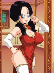 1girls absurd_res alternate_version_available bare_shoulders big_breasts black_hair blue_eyes breasts chinese_clothes cleavage cleavage_cutout clothed clothed_navel covered_navel curvaceous curvy curvy_figure dragon_ball dragon_ball_fighterz dragon_ball_z dress elbow_gloves erect_nipples erect_nipples_under_clothes feet_out_of_frame female female_only fully_clothed hair_ornament hand_on_hip hi_res high_resolution highres hourglass_figure huge_breasts indoors large_breasts legwear light-skinned_female light_skin linea_alba loincloth looking_at_viewer medium_hair naughty_face navel nipple_bulge nipples nipples_visible_through_clothing no_bra no_panties no_pants open-mouth_smile pigtails pose posing qipao revealing_clothes sano-br shiny shiny_skin shounen_jump sidelocks slim_waist smile solo solo_female stockings thick_thighs thighhighs thighs thin_waist tied_hair traditional_clothes videl voluptuous wide_eyed wide_hips