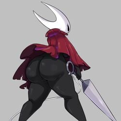1:1 absurd_res anthro arthropod ass ass_focus big_ass big_butt black_body black_eyes bottomless butt butt_focus cape casual cloak clothed clothing female female_only genitals hi_res hollow_knight horn hornet_(hollow_knight) insects outerwear pussy red_cape robe solo team_cherry video_games virito weapon