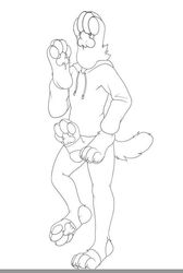 anthro body_horror canid canine clothing foot_focus foot_hands foot_transformation footpaw_hands hoodie male male_only mammal monochrome paw_head pawpads plantigrade solo topwear unknown_artist what