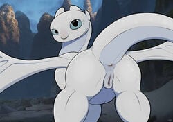 2020 anus ass blue_eyes dragon dreamworks female feral genitals hi_res how_to_train_your_dragon light_fury looking_at_viewer looking_back looking_back_at_viewer mcfan nubless nude outside presenting presenting_hindquarters presenting_pussy pussy rear_view scalie smile solo western_dragon white_body