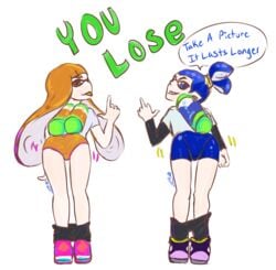 1boy 1girls anthro artist_request ass blue_eyes blue_hair blue_inkling_boy cephalopod cephalopod_humanoid duo humanoid inkling inkling_boy inkling_girl john_(splatoon) kaori_(splatoon) looking_at_viewer loser_gesture mask_(marking) middle_finger mocking nintendo orange_eyes orange_hair orange_inkling_girl panties pants_down pointy_ears presenting_hindquarters showing_off_ass splatoon splatoon_2 squid sticking_out_tongue talking_to_viewer taunting tentacle tentacle_hair underwear