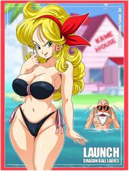 1girls artist_name bad_launch bangs beach belly belly_button big_breasts bikini bikini_bottom bikini_top black_bikini blonde_hair border bow bow_tie bowtie breasts cameltoe character_name cleavage cleft_of_venus curly_hair curvaceous curvy curvy_figure dragon_ball dragon_ball_(classic) dragon_ball_super dragon_ball_z female female_focus green_eyes groin hair_ornament hi_res high_resolution highleg highleg_bikini highleg_swimsuit highres hourglass_figure house kame_house labia large_breasts launch legs_together light-skinned_female light_skin linea_alba long_hair looking_at_viewer lunch_(dragon_ball) male master_roshi naughty_face navel parted_bangs partially_visible_vulva patreon_username pose posing red_border sano-br shiny shiny_skin shounen_jump side-tie_bikini slim_waist smile swimsuit thick_thighs thighhighs thighs thin_waist v wide_eyed wide_hips