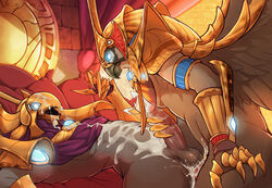 anthro azir chirping_arts cum cum_on_body cum_on_face gay horus_(smite) league_of_legends male male_only penis riot_games smite testicles