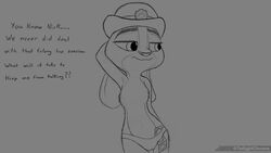 16:9 breasts condom disney english_text female flat_chest fur grey_body grey_fur hair hi_res judy_hopps lagomorph leporid mammal monochrome panties pose rabbit roleplay rough_sketch sexual_barrier_device simple_background solo text twilightchroma underwear widescreen zootopia