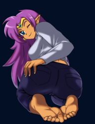 1girls abby_nii ass barefoot bent_over blue_eyes breasts brown_skin closed_mouth dark-skinned_female dark_skin denim earrings feet female_focus female_only hair_down hand_on_ass highres jeans jewelry kneeling long_hair looking_at_viewer looking_back one_eye_closed pants pointy_ears purple_hair shantae shantae_(character) simple_background sitting smile smooth_skin soles solo sweater tan_skin thighs tiara toes turtleneck turtleneck_sweater very_long_hair wink