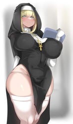 blonde blonde_hair blue_eyes breasts curvy elbow_gloves gloves hi_res huge_breasts hyuuman nun nun's_habit original plump smile solo solo_female thick_thighs thighhighs thong wide_hips