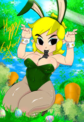 blonde_hair bowtie bowtie_in_mouth bunny_ears bunnysuit eyeshadow female genderswap_(mtf) kae-est_art latex rule_63 the_legend_of_zelda toon_link toon_linka triforce_mark wind_waker wrist_cuffs