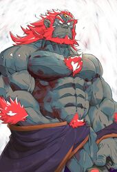 arm_hair bara beard big_muscles chest_hair dark-skinned_male dark_nipples dark_penis dark_skin facial_hair ganondorf gay hyrule_warriors looking_down male male_only muscle muscles muscular muscular_male nintendo nipples pubic_hair red_hair simple_background solo the_legend_of_zelda thy_carker thymilph vein veins veiny_arms veiny_legs veiny_muscles