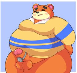 2020 animal_crossing anthro balls blush clothing erection fur furry genitals hi_res kemono kusosensei male male_only mammal nintendo obese obese_anthro obese_male overweight overweight_anthro overweight_male penis sex_toy shirt solo solo_male teddy_(animal_crossing) topwear ursid video_games