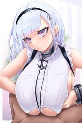 1boy 1girls anchor_choker azur_lane bangs big_eyes blush breasts clothing_cutout covered_paizuri dark-skinned_male dark_skin dido_(azur_lane) earrings enryuu_(rmxs3488) eyebrows_visible_through_hair eyelashes female hairband highres huge_breasts interracial jewelry light-skinned_female light_skin long_breasts long_hair maid outercourse paizuri paizuri_under_clothes parted_bangs purple_eyes shiny shiny_hair silver_hair smile tight underboob underboob_cutout white_hair white_skin