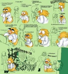 2019 alphys big_breasts big_penis blush clothing comic digital_media_(artwork) edit edited erection erection_under_clothes female frisk frisky_(under(her)tail) glasses hanon(editor) huge_cock imminent_fellatio imminent_oral male mettaton mettie robot saliva spanish_text syhpla text thewill under(her)tail undertale undertale_fanfiction