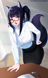 1girls angry animal_ears bent_over big_ass big_breasts big_butt black_nail_polish black_skirt drawing female female_only fully_clothed glasses hand_on_hip hand_on_table original patreon_logo patreon_username pencil_skirt ponytail reiko_(tofuubear) solo tagme tail teacher tofuubear white_shirt wide_hips wolf_ears