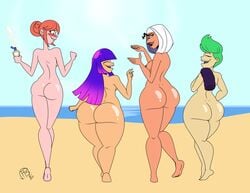 4girls ass beach big_ass blake_(glitch_techs) blush commission comparison completely_nude completely_nude_female dat_ass female female_only frostbiteboi full_body gesture glitch_techs green_hair hijab laughing lotion miko_kubota multiple_girls naked naked_female nude nude_beach nude_female pinching_gesture purple_hair red_hair simi_(glitch_techs) small_penis_humiliation smooth_skin suggestive tagme towel walking zahra_rashid