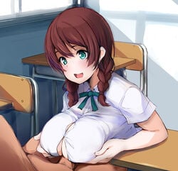 1boy absurdres braid breasts classroom commentary_request emma_verde female freckles gengoroh green_eyes green_neckwear green_ribbons highres indoors large_breasts love_live! love_live!_nijigasaki_high_school_idol_club paizuri paizuri_under_clothes penis red_hair ribbon shirt short_hair short_sleeves solo_focus straight twin_braids white_shirt