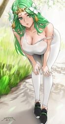 1girls alternate_costume bare_shoulders bent_over breasts cleavage female female_only fire_emblem fire_emblem:_three_houses fully_clothed green_eyes green_hair highres huge_breasts jogging jogging_pants long_hair looking_at_viewer loose_clothes nintendo open_mouth outdoors pants rhea_(fire_emblem) sendrawz solo sports_bra standing sweat tank_top wide_hips