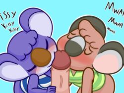 4:3 animal_crossing anthro bottomless brown_body brown_fur closed_eyes clothed clothing collaborative_fellatio double_fellatio double_oral fellatio female fur genitals group hi_res human kissing koala male mammal marsupial melba_(animal_crossing) nintendo oral penile penis penis_kissing purple_body purple_fur sex straight sydney_(animal_crossing) teamwork video_games vombatiform yukacutiekoala