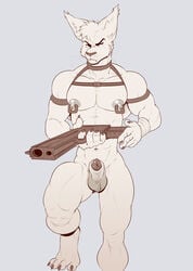 4_toes 5_fingers abs animal_genitalia anthro balls biceps big_nipples claws collarbone ear_tuft eldiman fingers front_view fur fur_tuft genitals gun hi_res holding_gun holding_object holding_weapon looking_at_viewer male male_only mammal muscular muscular_male nipple_piercing nipples pecs penis penis_tip piercing ranged_weapon sheath toe_claws toes tuft weapon whiskers