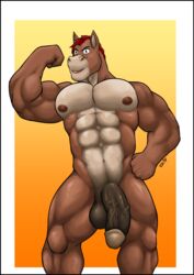 anthro black_border border equid equine genitals hi_res horse humanoid humanoid_genitalia humanoid_penis male male_only mammal muscular muscular_male nipples pecs penis solo vju79