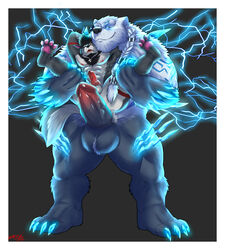 absurd_res animal_genitalia anthro big_penis canid canine canis deity duo electricity erection genitals glistening glistening_claws glistening_eyes hi_res knot krowlfer league_of_legends ligoni male male/male mammal muscular muscular_male pawpads penis riot_games scared size_difference smug_face smug_grin sparks ursid video_games volibear were werecanid werecanine werewolf wolf