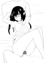 1boy arknights bangs black_hair blush breasts brelmatsui20410 choker closure_(arknights) collarbone commentary_request female greyscale hair_between_eyes highres holding holding_pillow lanyard long_hair lying monochrome no_panties on_back on_bed open_mouth pillow pointy_ears sex shirt smile vaginal_penetration