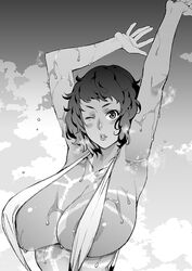 1girls areola_slip areolae armpits arms_up azukiko breasts breasts_bigger_than_head female greyscale huge_breasts lips monochrome one_eye_closed persona persona_5 puckered_lips sadayo_kawakami sexually_suggestive short_hair solo stretching sweat swimsuit swimwear tanline tanlines tanned teacher upper_body wet wink