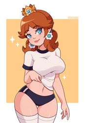 1girls alternate_breast_size big_breasts big_thighs blue_eyes blue_shorts breasts brown_hair buruma clothed clothing cremanata crown cute earrings eyebrows_visible_through_hair female female_only freckles gym_uniform hourglass_figure human human_only large_breasts legwear looking_at_viewer mario_(series) navel nintendo orange_hair princess_daisy shiny_skin shirt simple_background smile solo sparkles standing thigh_gap thighhighs thighs white_border white_shirt zettai_ryouiki