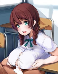 1boy braid breasts classroom cum emma_verde female freckles gengoroh green_eyes green_neckwear green_ribbons highres indoors large_breasts love_live! love_live!_nijigasaki_high_school_idol_club paizuri paizuri_under_clothes penis red_hair ribbon shirt short_hair short_sleeves solo_focus straight twin_braids white_shirt