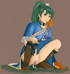 1girls 2d boots bright_hair fire_emblem fire_emblem:_the_blazing_blade fire_emblem_heroes green_hair lyn_(fire_emblem) lyndis_(fire_emblem) pee_squat_outdoors peeing pussy solo spread_legs squat squatting sunday sundaynoches urine vagina