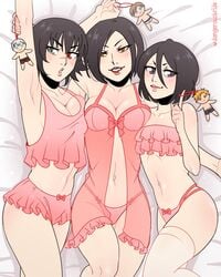 3girls ada_wong ada_wong_(adriana) armpits black_hair bleach blush brown_eyes capcom crossover dangerousbride devil_may_cry devil_may_cry_5 female_focus females_only green_eyes heterochromia kuchiki_rukia lady_(devil_may_cry) looking_at_viewer medium_breasts purple_eyes resident_evil resident_evil_2 resident_evil_2_remake scar short_hair small_breasts