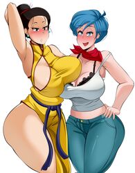 2girls bandana big_breasts black_hair blue_eyes blue_hair blush bra bulma_briefs chichi cleavage clothed comicomryu dragon_ball dragon_ball_super dress earrings female female_only fully_clothed jeans large_breasts looking_at_viewer milf open_mouth ryumxr short_hair smile tank_top thick_thighs tied_hair voluptuous