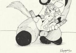 alex_delobo_(character) anthro balls belly_bulging bodily_fluids cum cum_inside duo eeveelution ejaculation feral genital_fluids genitals hatching_(art) hi_res hybrid jewelry k9player_(artist) kneeling lucario male male/male male_penetrated male_penetrating male_penetrating_male necklace nintendo open_mouth penetration pokemon pokemon_(species) shaded size_difference spread_legs spreading traditional_media_(artwork) umbreon video_games