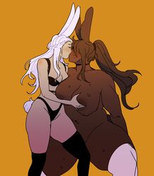 2girls anthro blush bmbozone bra braided_hair breasts brown_hair choker dark-skinned_female dark_skin female furry interracial inverted_nipples kissing large_breasts muffin_top ponytail rabbit rabbit_ears size_difference sweat tail thick_thighs thighhighs thong white_hair yuri