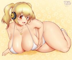 1girls 2020 big_breasts bikini blonde_hair breasts coffeeslice eyebrows_visible_through_hair female female_focus female_only headphones large_breasts long_hair looking_at_viewer nipple_bulge nitroplus pigtails red_eyes short_hair solo solo_female solo_focus super_pochaco swimsuit voluptuous