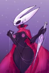 1girls anthro areolae arms_up big_breasts blush breasts busty cloak color crossed_legs digital_media_(artwork) eyelashes fecharis female gradient_background hi_res holding_weapon hollow_knight hornet_(hollow_knight) hourglass_figure insects inverted_nipples labia looking_away needle nipples puffy_nipples pussy red_cloak saviottt simple_background sparkle standing sweat sweating sweaty team_cherry thick_thighs thighs thread video_games