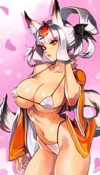 1girls bra breasts female female_only fox_ears fox_girl fox_tail kimono kongiku large_breasts micro_bikini muramasa_the_demon_blade optionaltypo panties silver_hair solo