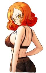 big_breasts black_underwear bra calm colored_sketch danganronpa danganronpa_another fanganronpa glasses grown_up kuudere looking_at_viewer looking_back mekaru_rei orange_hair panties pantyhose sdra2 serious short_hair straight_hair super_danganronpa_another_2 tights underwear wavy_hair yellow_eyes