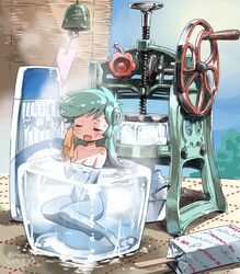1girls absurdres aqua_hair body_blush closed_eyes dated dororon_enma-kun female food hair_ornament handkerchief highres ice isedaichi_ken long_hair nude open_mouth popsicle shaved_ice skull_hair_ornament smile solo spoon summer sweat twitter_username wind_chime wiping_sweat yukiko_hime