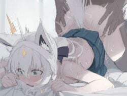 1boy 1girls animal_ear_fluff animal_ears ass_grab bangs bed_sheet blue_eyes blush dark-skinned_male dark_skin doggy_style duo female female_focus fox_ears fox_girl fox_tail hair_between_eyes highres hololive hololive_gamers hololive_gen_1 hololive_japan human humanoid interspecies kemonomimi kitsune kujira_pasta long_hair male_human/female_humanoid motion_lines open_mouth pale_skin sex sex_from_behind sheet_grab shirakami_fubuki solo_focus straight sweat tail tears top-down_bottom-up virtual_youtuber white_hair