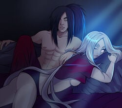 1boy 1girls abs asetr bed black_hair closed_eyes female hair_over_one_eye lipstick long_hair looking_at_viewer lying makeup male naruto naruto_(series) naruto_shippuden on_bed on_stomach one_eye_closed otsutsuki_kaguya panties shirt shirtless sideboob sitting smile tied_hair uchiha_madara underboob underwear very_long_hair violet_eyes white_hair