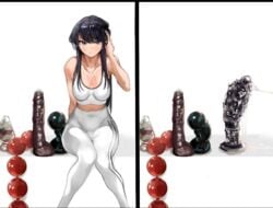 1girls 2koma after_anal anal anal_beads anal_grip anal_juice anal_juice_drip anal_juice_trail anal_training asian black_eyes black_hair buttplug dark_blue_hair dat_anus dildo dildo_reveal dildo_sitting female female_only fringe gigantic_dildo grey_eyes huge_dildo hungry_anus implied_anal komi-san_wa_komyushou_desu komi_shouko light-skinned_female light_skin long_hair looking_at_viewer mamimi_(mamamimi) medium_breasts meme pale-skinned_female petite purple_eyes purple_hair schoolgirl sex_toy sfh sitting_on_dildo sloppy sports_bra sportswear ssfh white_background white_sports_bra