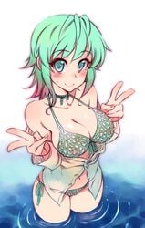 aqua_eyes bare_shoulders bikini blush breasts choker cleavage collarbone double_v dress_shirt female fingernails front-tie_top green_hair kusanagi_tonbo large_breasts looking_at_viewer multicolored_hair navel nipples off_shoulder original pink_hair revealing_clothes shirt side-tie_bikini smile solo sweatdrop swimsuit two-tone_hair unbuttoned v wading