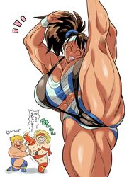 1girls 2boys abs beefy biff_slamkovich big big_breasts black_widow_(muscle_bomber) breasts brown_hair capcom doboshiru female female_focus gunloc huge_breasts japanese_text large_breast leg_up muscle_bomber muscles muscular muscular_female ponytail raised_leg saturday_night_slam_masters slam_masters stretching thick_thighs thunder_thighs