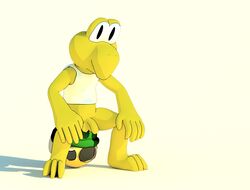 1boy 3d anonymous_artist anthro balls bottomless cel_shading clothed clothing flaccid genitals humanoid_genitalia humanoid_penis koopa koopa_troopa looking_at_viewer male male_only mario_(series) nintendo partially_clothed penis scalie shaded shell shirt sitting solo tank_top topwear video_games