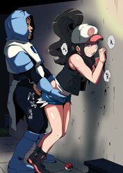 against_wall bare_shoulders black_hair boots clenched_teeth crying female from_behind gloves hat hilda_(pokemon) human jacket ko1444 long_hair looking_back male nintendo poke_ball pokemon pokemon_bw ponytail rape sex short_shorts shorts smile standing straight team_plasma team_plasma_grunt_(male) tear tied_hair