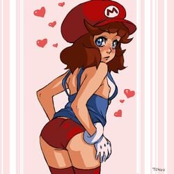 ass beige_skin blue_eyes blush brown_hair clothes color female female_only gloves hair hat heart human looking_at_viewer looking_back mario mario_(series) nintendo open_eyes rule_63 short_hair solo standing straight_hair tagme tchuu