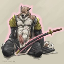 1boy bleach cum furry furry_only male male_only penis sajin_komamura solo sword tagme unshackled_fenrir weapon